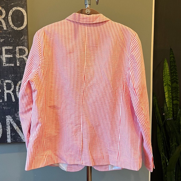🥑 Talbots Sunshine Seersucker Blazer Orange White | 14 Petite | 100% Cotton - Picture 7 of 12